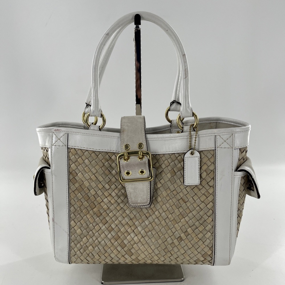 Vintage Coach Legacy Bag Boxy Tote Leather Suede Straw Kiss Lock Pockets‎ Ivory